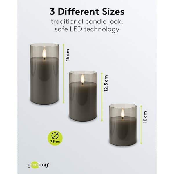 3-delige set LED-kaarsen van echte kaarsvet in glas, grijs-transparant