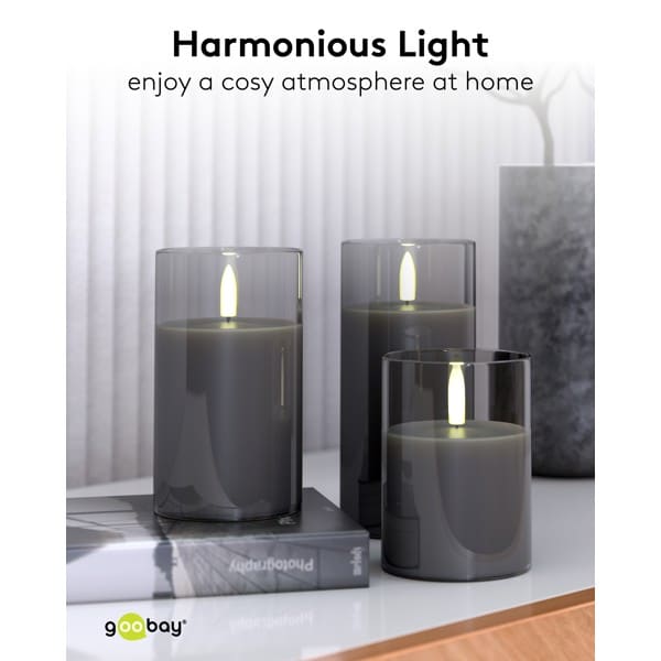 3-delige set LED-kaarsen van echte kaarsvet in glas, grijs-transparant