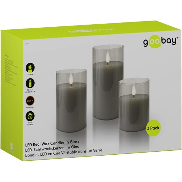 3-delige set LED-kaarsen van echte kaarsvet in glas, grijs-transparant