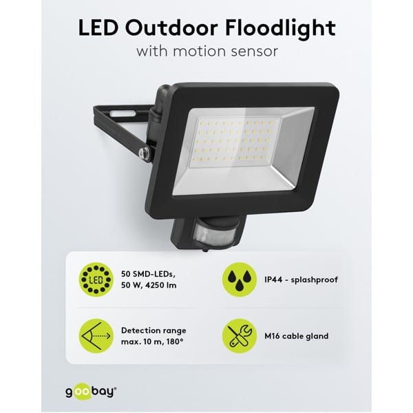 LED-buitenschijnwerper, 50 W, met bewegingsmelder zwart