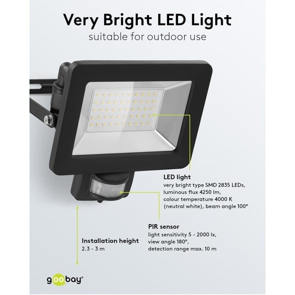 LED-buitenschijnwerper, 50 W, met bewegingsmelder zwart